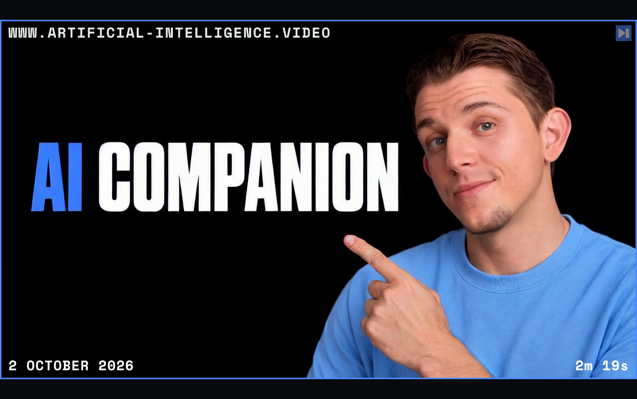 Riley Brown beside the blue and white headline “AI COMPANION” on a black background. Framed in blue with WWW.ARTIFICIAL-INTELLIGENCE.VIDEO, 2 October 2026 and duration 2m 19s.