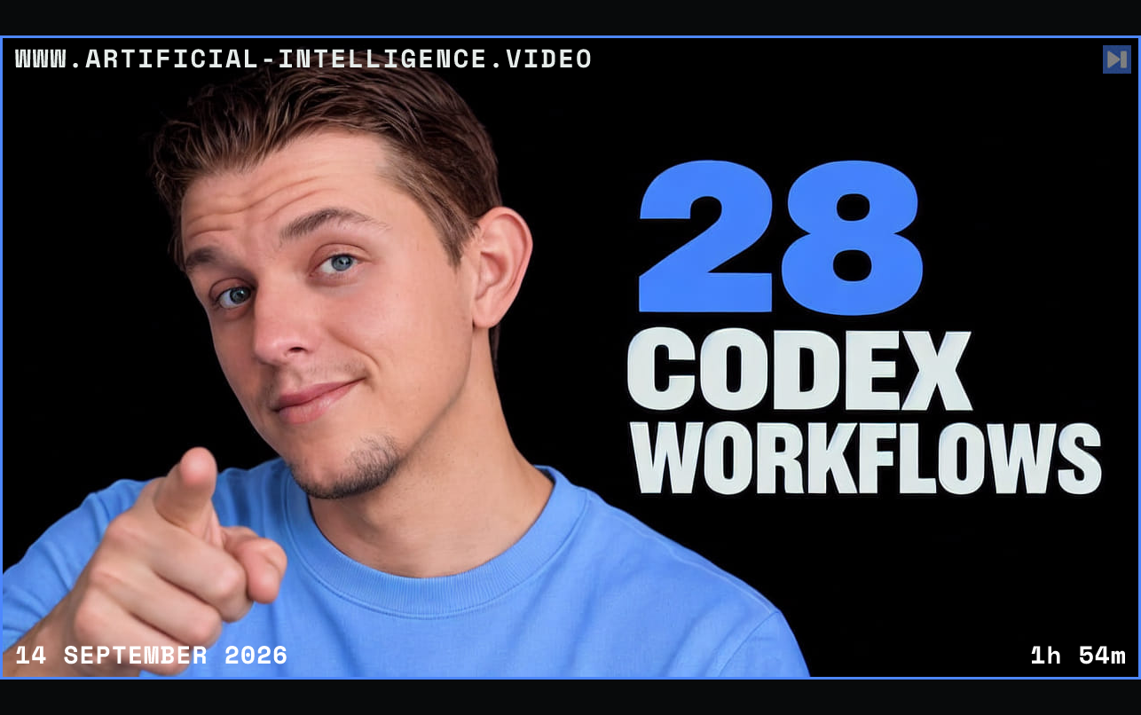 Riley Brown points toward the viewer beside a blue 28 and white CODEX WORKFLOWS lettering on black. Framed in blue with WWW.ARTIFICIAL-INTELLIGENCE.VIDEO, 14 September 2026 and duration 1h 54m.