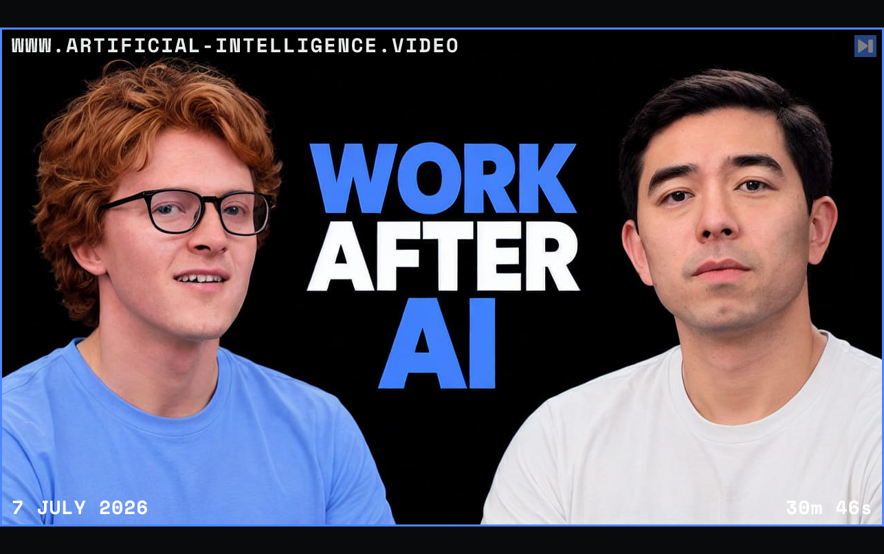 Editorial portraits of Theo Jaffee and Rob Henderson flank the blue-and-white headline WORK AFTER AI against black. Framed in blue with WWW.ARTIFICIAL-INTELLIGENCE.VIDEO, 7 July 2026 and duration 30m 46s.