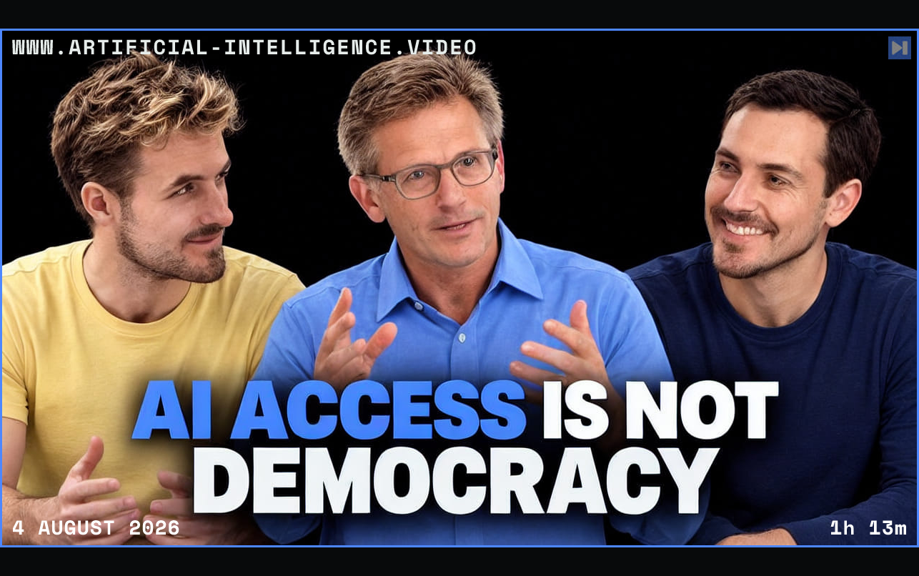 Pierce Freeman, Richard Diehl Martinez, Rob Reich against black with the blue and white headline "AI ACCESS IS NOT DEMOCRACY". Framed in blue with WWW.ARTIFICIAL-INTELLIGENCE.VIDEO, 4 August 2026 and duration 1h 13m.
