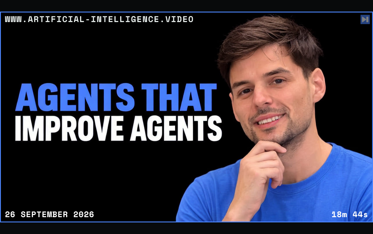 Roland Gavrilescu in a blue top beside the blue and white headline AGENTS THAT IMPROVE AGENTS on black. Framed in blue with WWW.ARTIFICIAL-INTELLIGENCE.VIDEO, 26 September 2026 and duration 18m 44s.