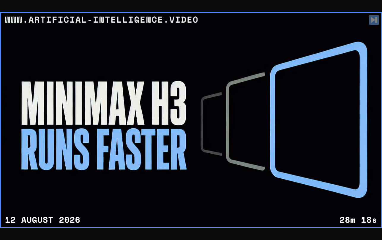 The words MiniMax H3 Runs Faster beside three receding frame outlines Framed in blue with WWW.ARTIFICIAL-INTELLIGENCE.VIDEO, 12 August 2026 and duration 28m 18s.