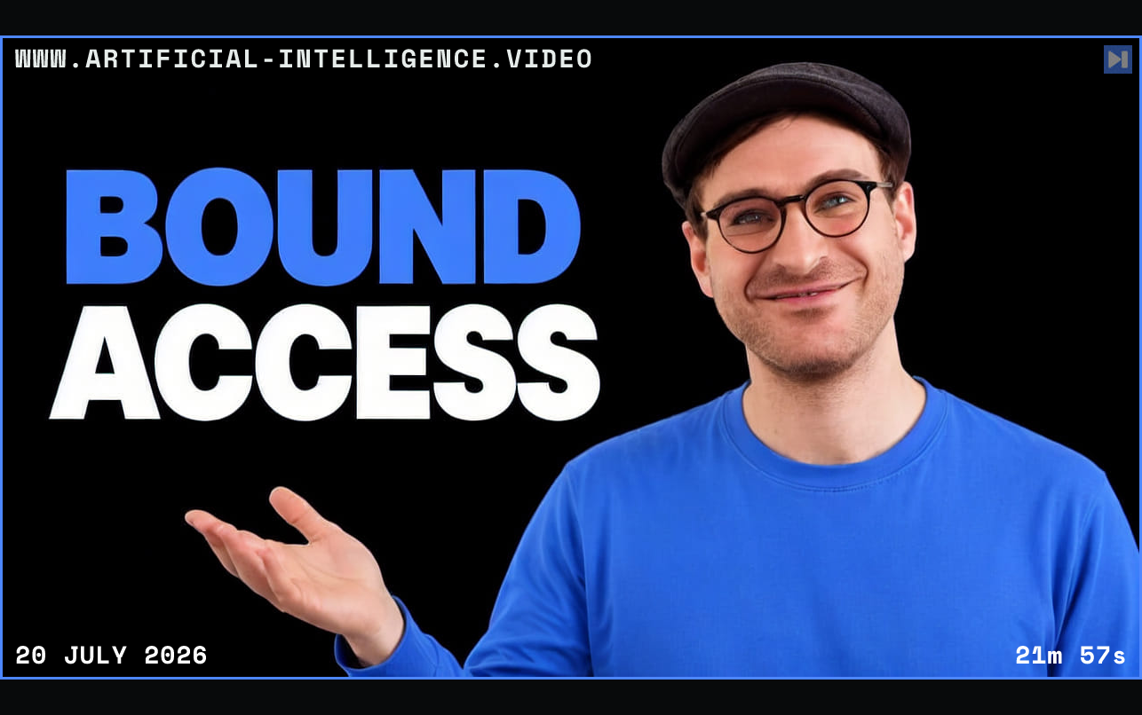 Moritz Johner in glasses and a dark cap gestures with an open hand beside the blue and white "BOUND ACCESS" headline. Framed in blue with WWW.ARTIFICIAL-INTELLIGENCE.VIDEO, 20 July 2026 and duration 21m 57s.