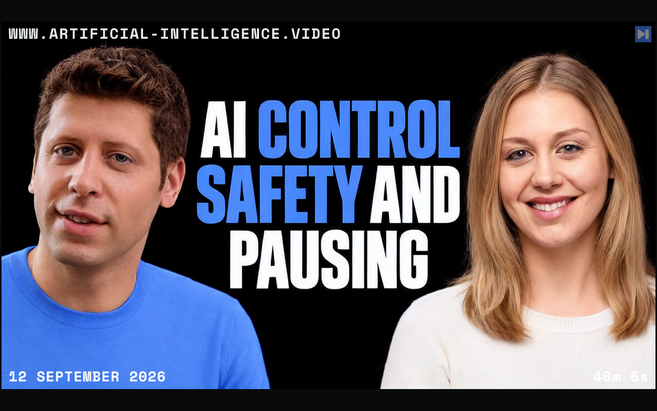 Sam Altman with Alyson Shontell beside the headline AI CONTROL SAFETY AND PAUSING on a pure black background. With WWW.ARTIFICIAL-INTELLIGENCE.VIDEO, 12 September 2026 and duration 46m 6s.
