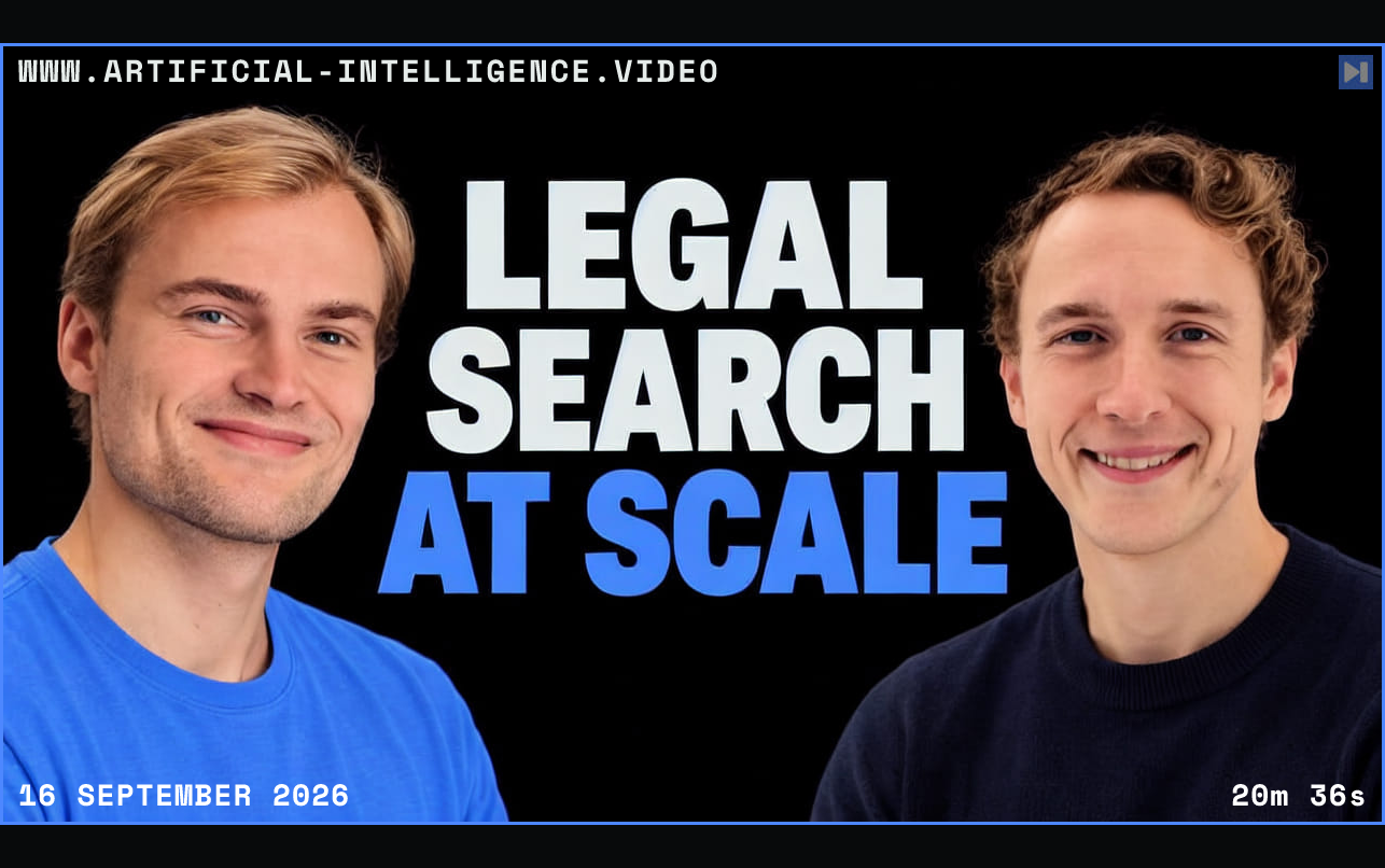 Jacob Lauritzen in blue and Simon Eskildsen in dark clothing flank the white and blue headline LEGAL SEARCH AT SCALE on black. Framed in blue with WWW.ARTIFICIAL-INTELLIGENCE.VIDEO, 16 September 2026 and duration 20m 36s.