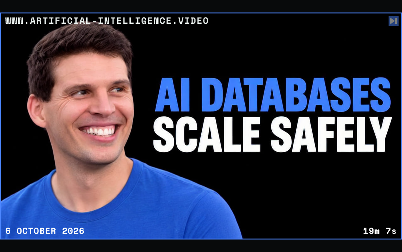 Ben Dicken beside the blue and white headline “AI DATABASES - SCALE SAFELY” on a black background. Framed in blue with WWW.ARTIFICIAL-INTELLIGENCE.VIDEO, 6 October 2026 and duration 19m 7s.