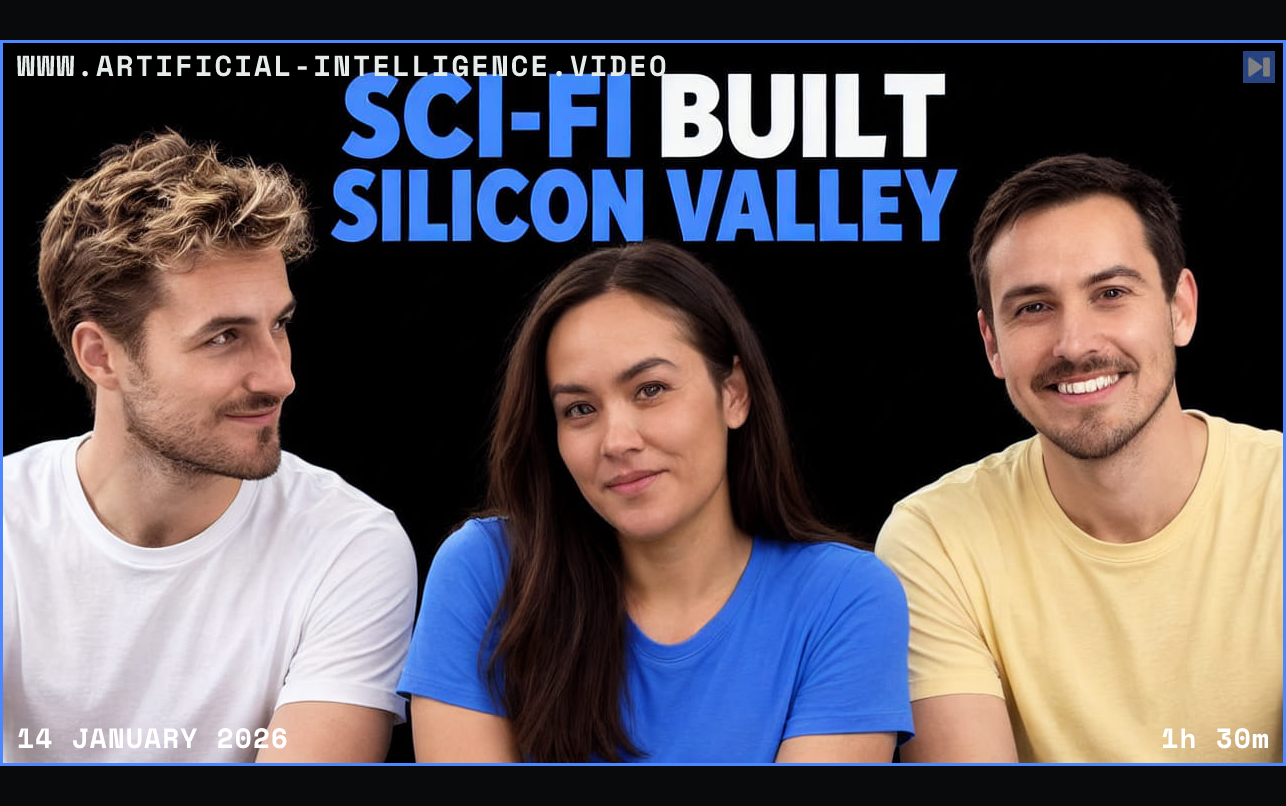 Pierce Freeman, Bella Cooper-Brown and Richard Diehl Martinez against black beneath the blue and white headline "SCI-FI BUILT SILICON VALLEY". Framed in blue with WWW.ARTIFICIAL-INTELLIGENCE.VIDEO, 14 January 2026 and duration 1h 30m.