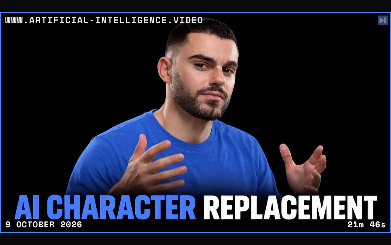 Sirio Berati gestures above the blue and white headline AI Character Replacement on a black background. Framed in blue with WWW.ARTIFICIAL-INTELLIGENCE.VIDEO, 9 October 2026 and duration 21m 46s.