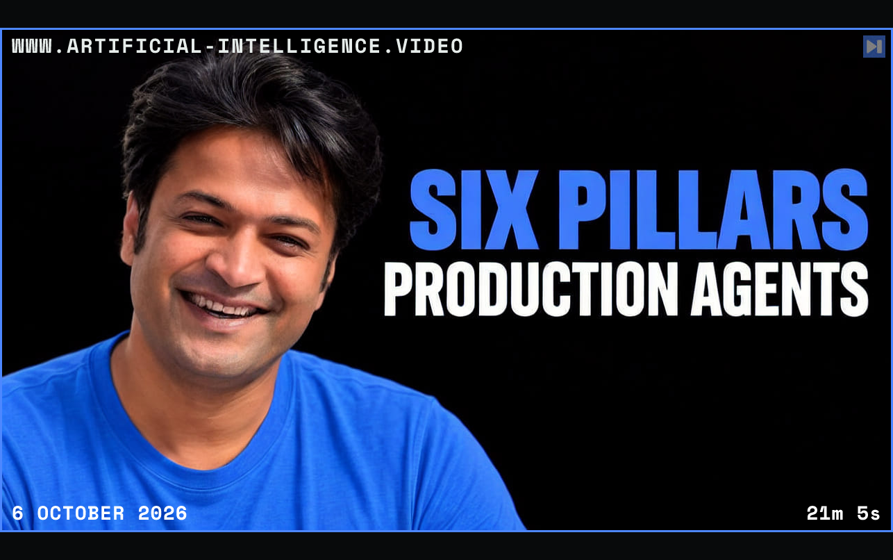 Varun Krovvidi beside the blue and white headline “SIX PILLARS - PRODUCTION AGENTS” on a black background. Framed in blue with WWW.ARTIFICIAL-INTELLIGENCE.VIDEO, 6 October 2026 and duration 21m 5s.