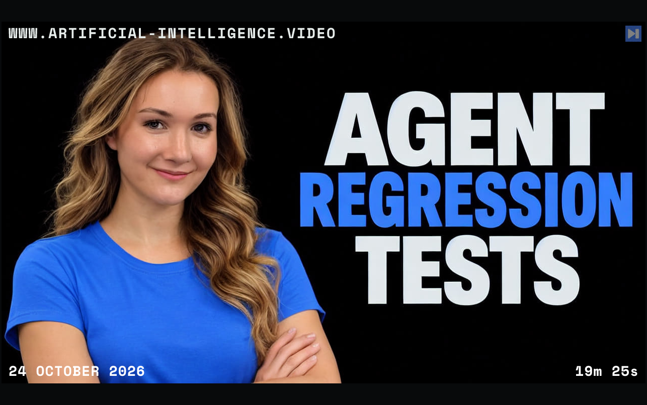 Sofia Jakovcevic beside the words agent regression tests. With WWW.ARTIFICIAL-INTELLIGENCE.VIDEO, 24 October 2026 and duration 19m 25s.