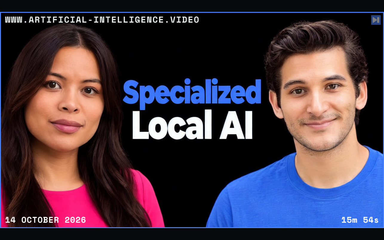 Sophia Dew in pink and Alexander Amini in blue beside the blue-and-white headline Specialized Local AI on black. Framed in blue with WWW.ARTIFICIAL-INTELLIGENCE.VIDEO, 14 October 2026 and duration 15m 54s.