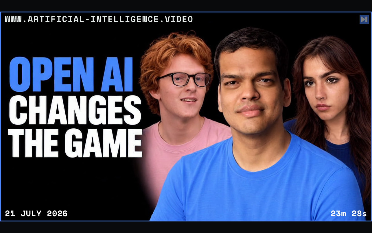 Sriram Krishnan, Theo Jaffee and Sofia Puccini beside the blue and white headline Open AI Changes the Game against a black background. Framed in blue with WWW.ARTIFICIAL-INTELLIGENCE.VIDEO, 21 July 2026 and duration 23m 28s.