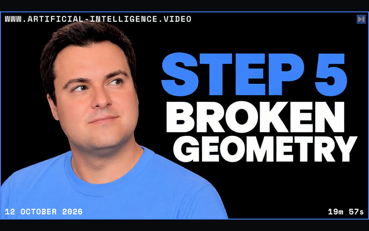Portrait of Bijan Bowen on a black background with the blue and white headline "STEP 5 BROKEN GEOMETRY". Framed in blue with WWW.ARTIFICIAL-INTELLIGENCE.VIDEO, 12 October 2026 and duration 19m 57s.