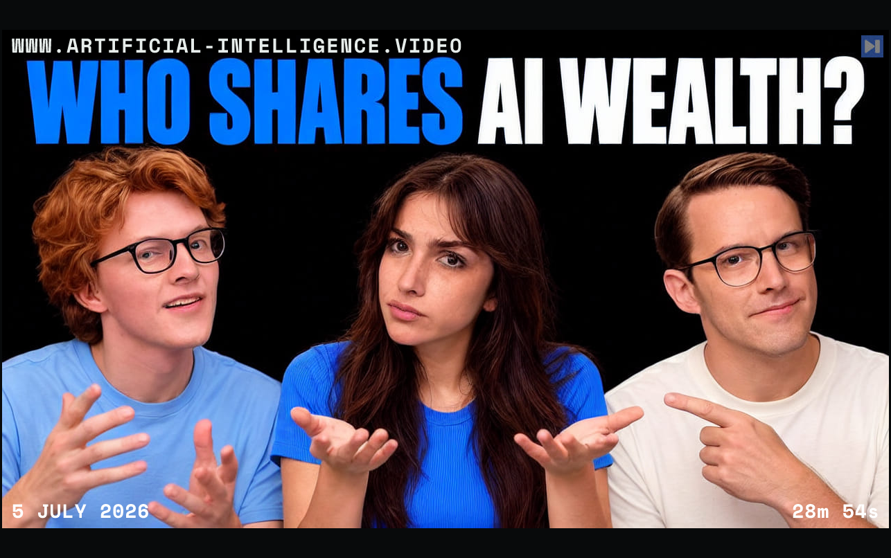 Theo Jaffee, Sofia Puccini and Stephen Kent below the flat headline Who Shares AI Wealth on black. With WWW.ARTIFICIAL-INTELLIGENCE.VIDEO, 5 July 2026 and duration 28m 54s.