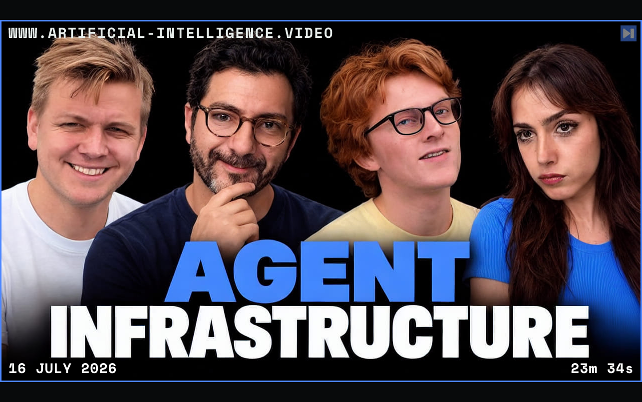 Michael Selander, Rami Banna, Theo Jaffee, Sofia Puccini against a black background with the blue and white headline “AGENT INFRASTRUCTURE”. Framed in blue with WWW.ARTIFICIAL-INTELLIGENCE.VIDEO, 16 July 2026 and duration 23m 34s.