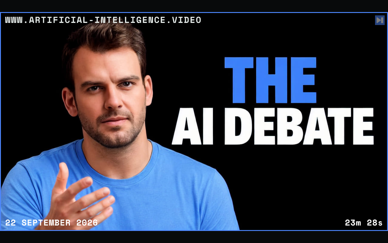 Nathaniel Whittemore beside the blue-and-white headline “THE AI DEBATE” on a black background. Framed in blue with WWW.ARTIFICIAL-INTELLIGENCE.VIDEO, 22 September 2026 and duration 23m 28s.