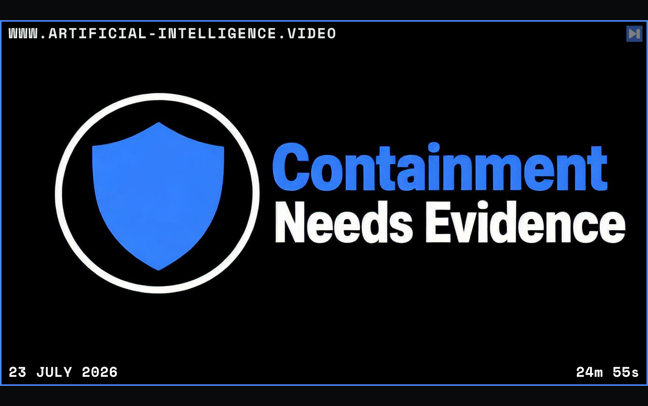 A flat shield and boundary illustration with the blue and white headline Containment Needs Evidence on black. Framed in blue with WWW.ARTIFICIAL-INTELLIGENCE.VIDEO, 23 July 2026 and duration 24m 55s.