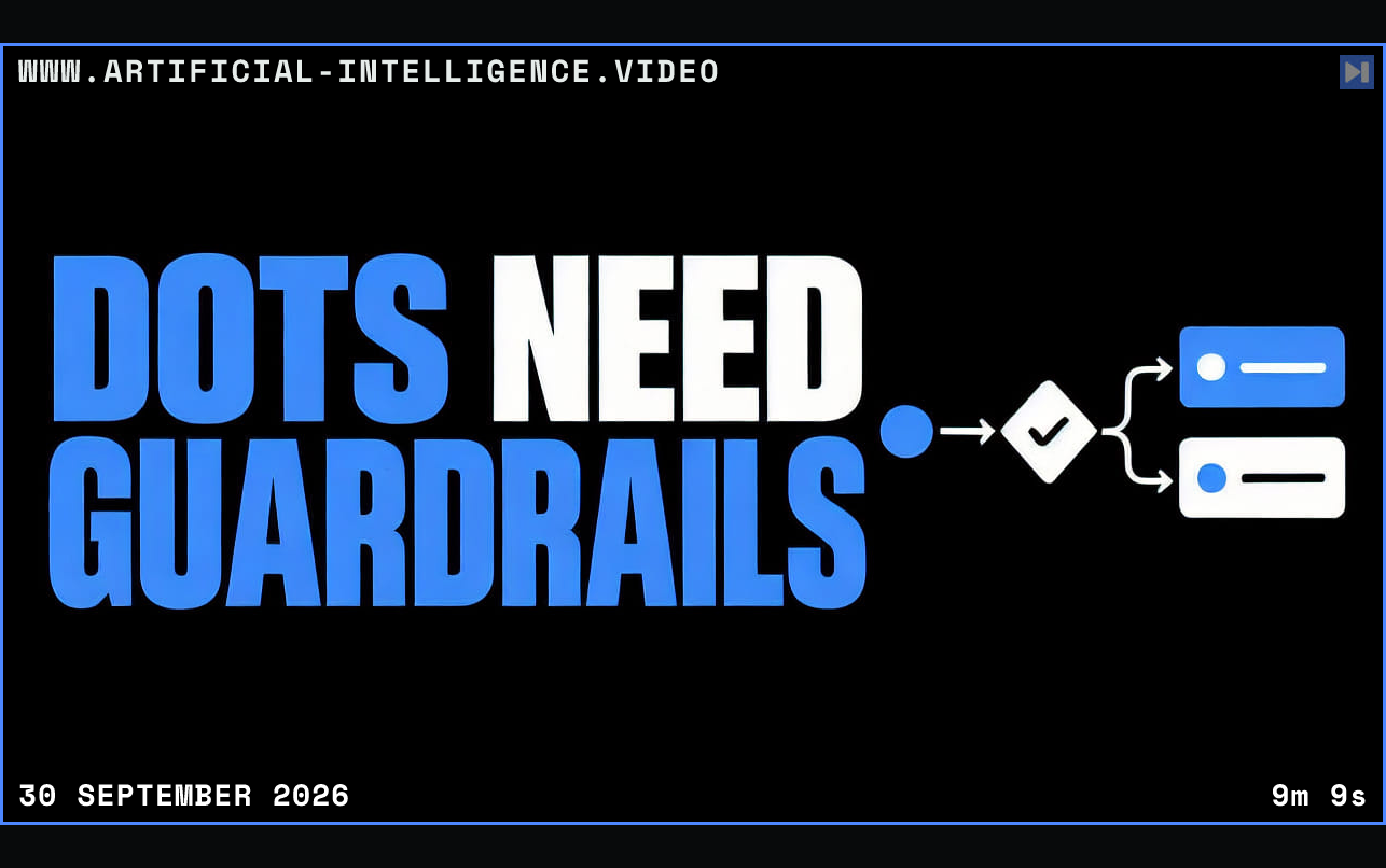 Blue and white DOTS NEED GUARDRAILS headline with a task dot passing through a check gate into two task cards on black. Framed in blue with WWW.ARTIFICIAL-INTELLIGENCE.VIDEO, 30 September 2026 and duration 9m 9s.