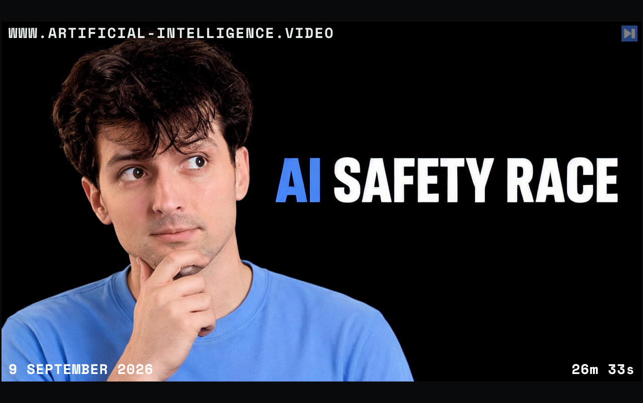 Theo Browne on a black background beside the headline ‘AI SAFETY RACE’. With WWW.ARTIFICIAL-INTELLIGENCE.VIDEO, 9 September 2026 and duration 26m 33s.