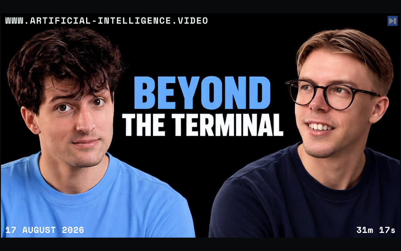 Theo Browne and Julius Marminge beside the headline Beyond Terminals, discussing graphical AI coding workflows. With WWW.ARTIFICIAL-INTELLIGENCE.VIDEO, 17 August 2026 and duration 31m 17s.