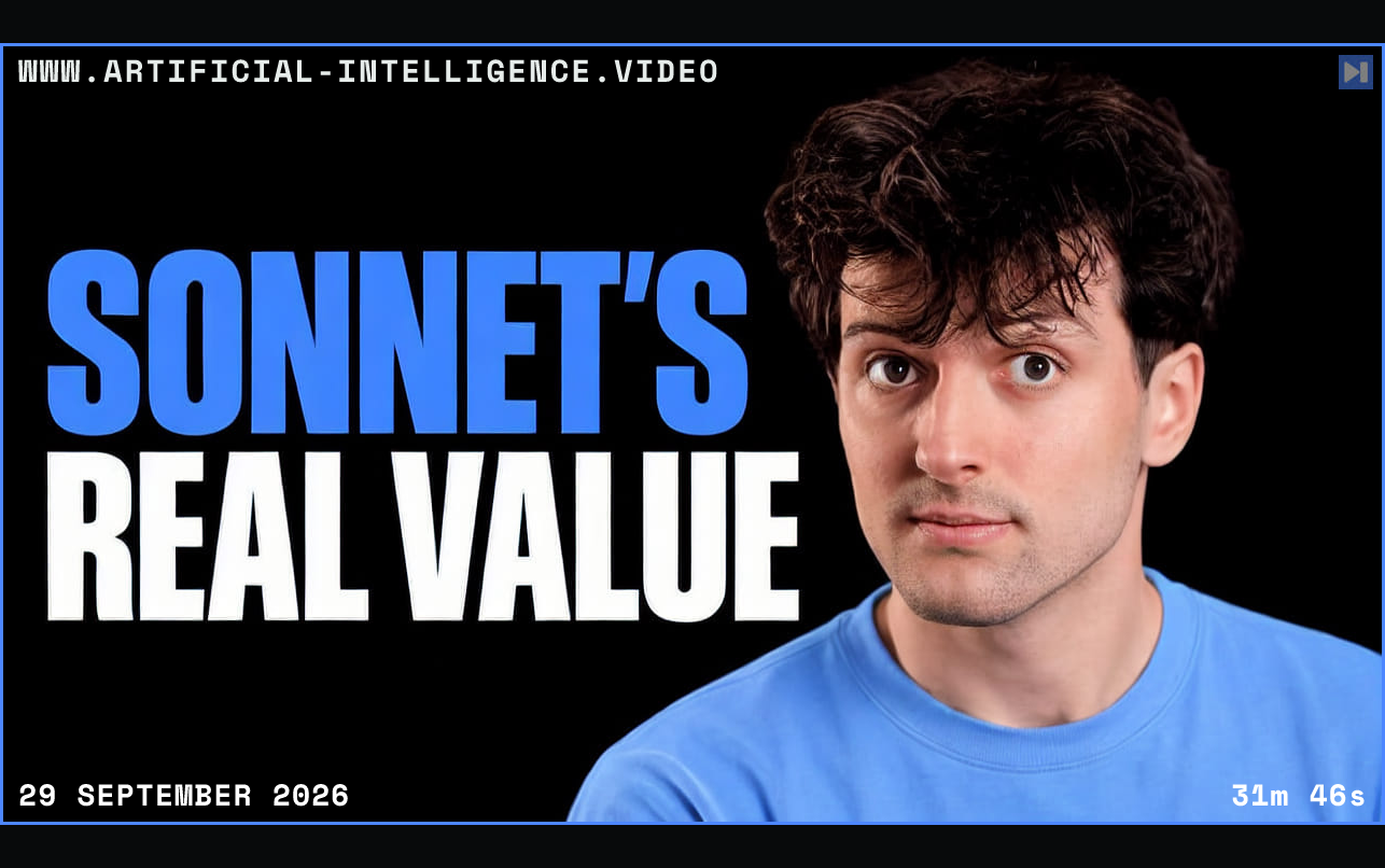 Theo Browne in a blue top beside the blue and white headline 'SONNET'S REAL VALUE' on black. Framed in blue with WWW.ARTIFICIAL-INTELLIGENCE.VIDEO, 29 September 2026 and duration 31m 46s.