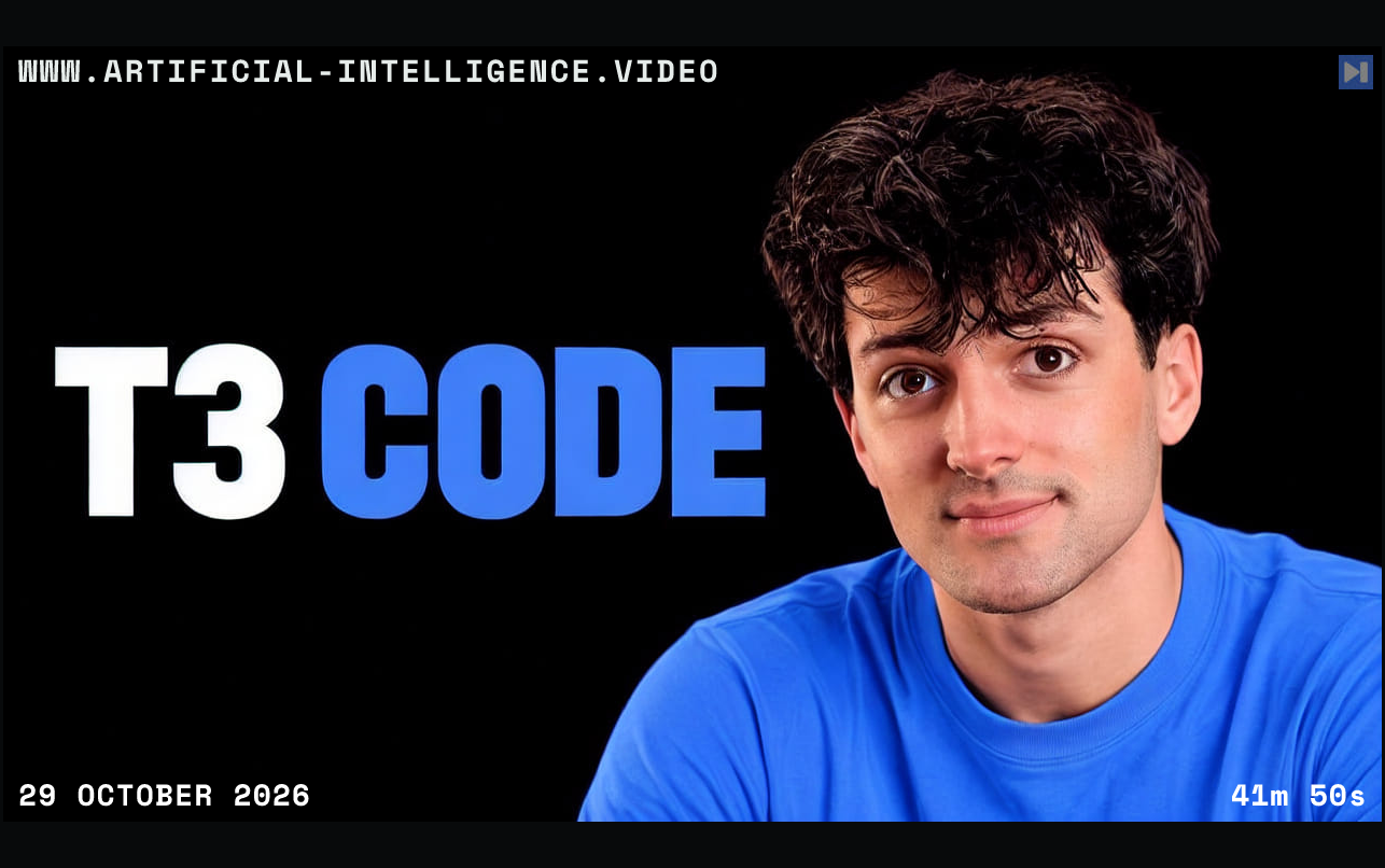 Theo Browne in a blue T-shirt beside the words T3 Code on a black background. With WWW.ARTIFICIAL-INTELLIGENCE.VIDEO, 29 October 2026 and duration 41m 50s.