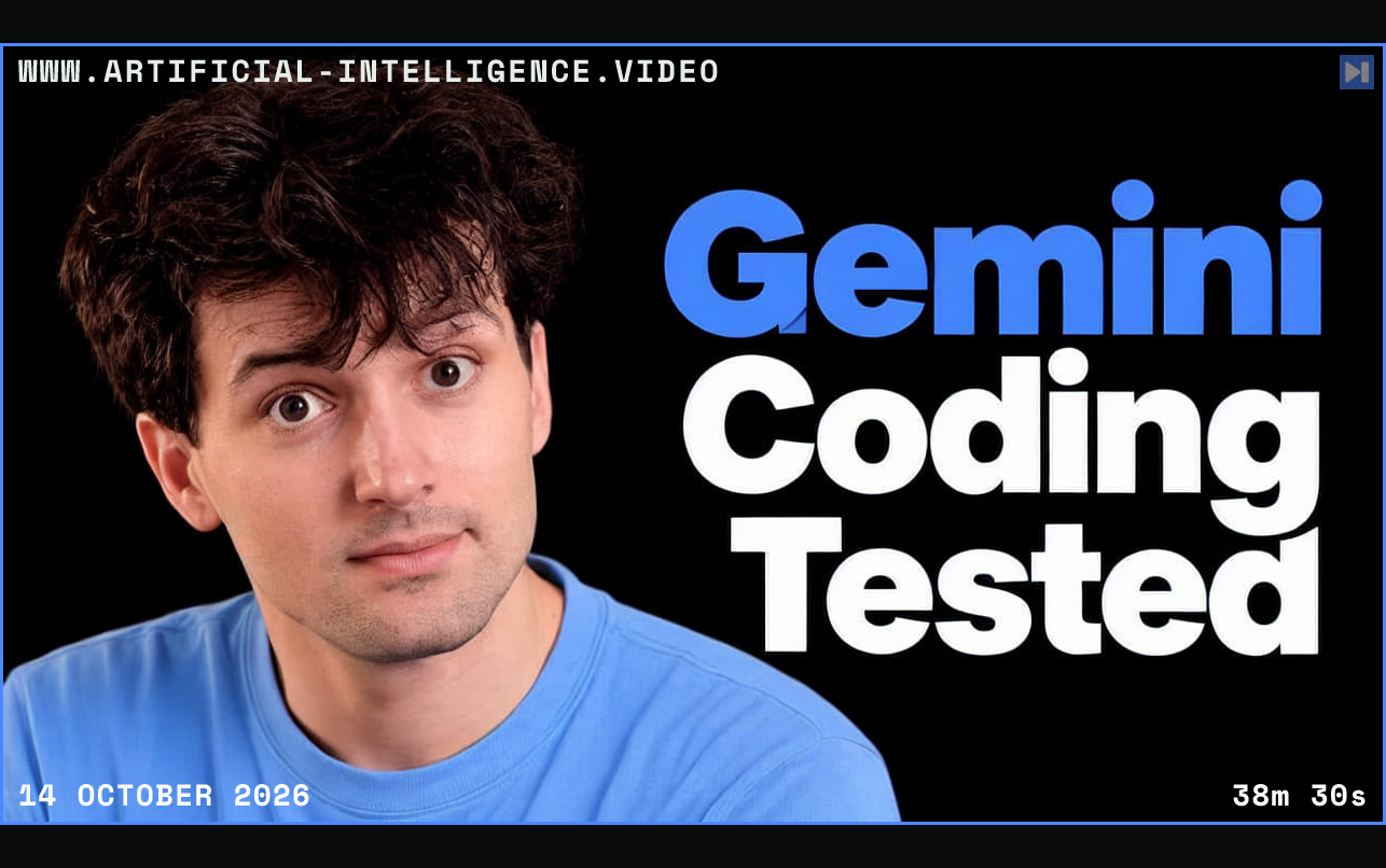 Theo Browne against a black background beside the blue and white headline "Gemini Coding Tested". Framed in blue with WWW.ARTIFICIAL-INTELLIGENCE.VIDEO, 14 October 2026 and duration 38m 30s.