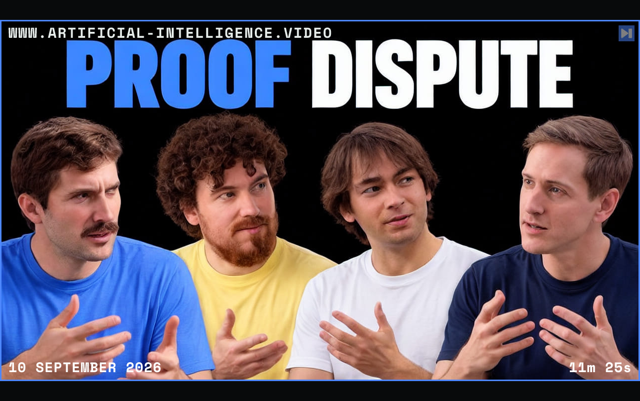 ThePrimeagen, Tristan Buckmaster, Levent Alpöge and Sébastien Bubeck in a black-background portrait composition beneath the blue-and-white headline Proof Dispute. Framed in blue with WWW.ARTIFICIAL-INTELLIGENCE.VIDEO, 10 September 2026 and duration 11m 25s.