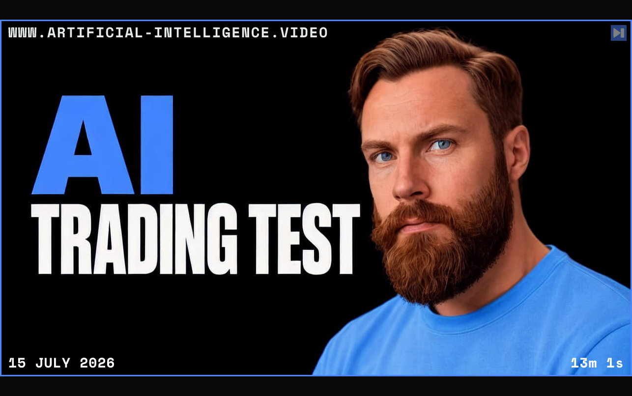 Kristian Fagerlie in a blue top beside the blue AI and white TRADING TEST headline against a black background. Framed in blue with WWW.ARTIFICIAL-INTELLIGENCE.VIDEO, 15 July 2026 and duration 13m 1s.