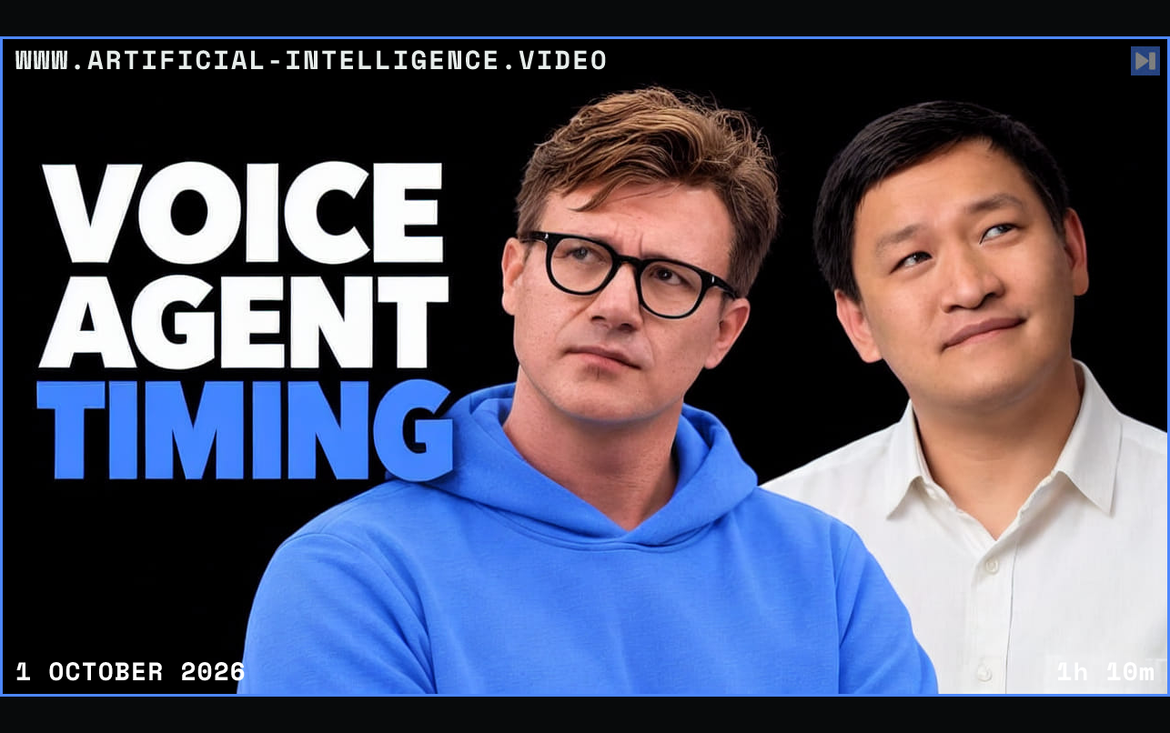 Tim Scarfe, Shawn Wen beside the blue and white headline VOICE AGENT TIMING on a black background. Framed in blue with WWW.ARTIFICIAL-INTELLIGENCE.VIDEO, 1 October 2026 and duration 1h 10m.