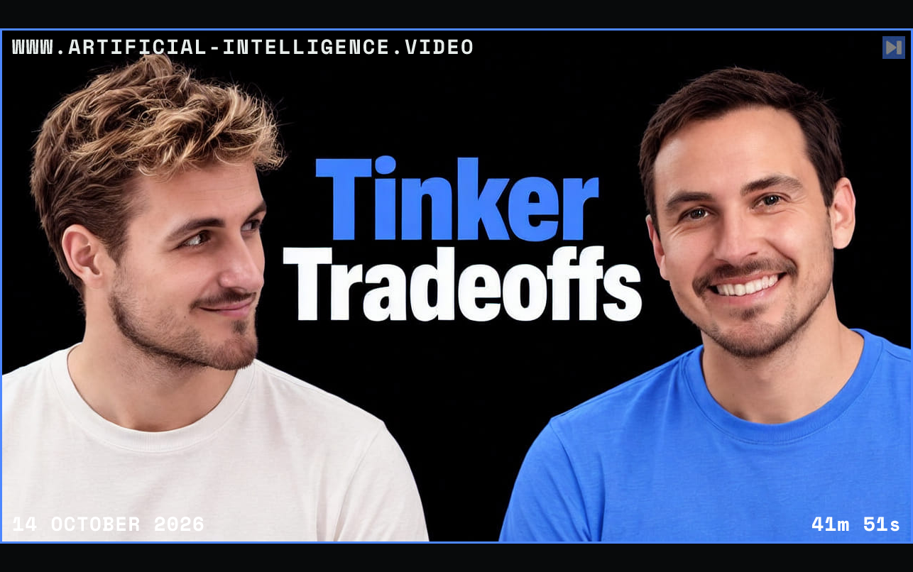 Pierce Freeman and Richard Diehl Martinez flank a large blue Tinker and white Tradeoffs headline on a black background. Framed in blue with WWW.ARTIFICIAL-INTELLIGENCE.VIDEO, 14 October 2026 and duration 41m 51s.