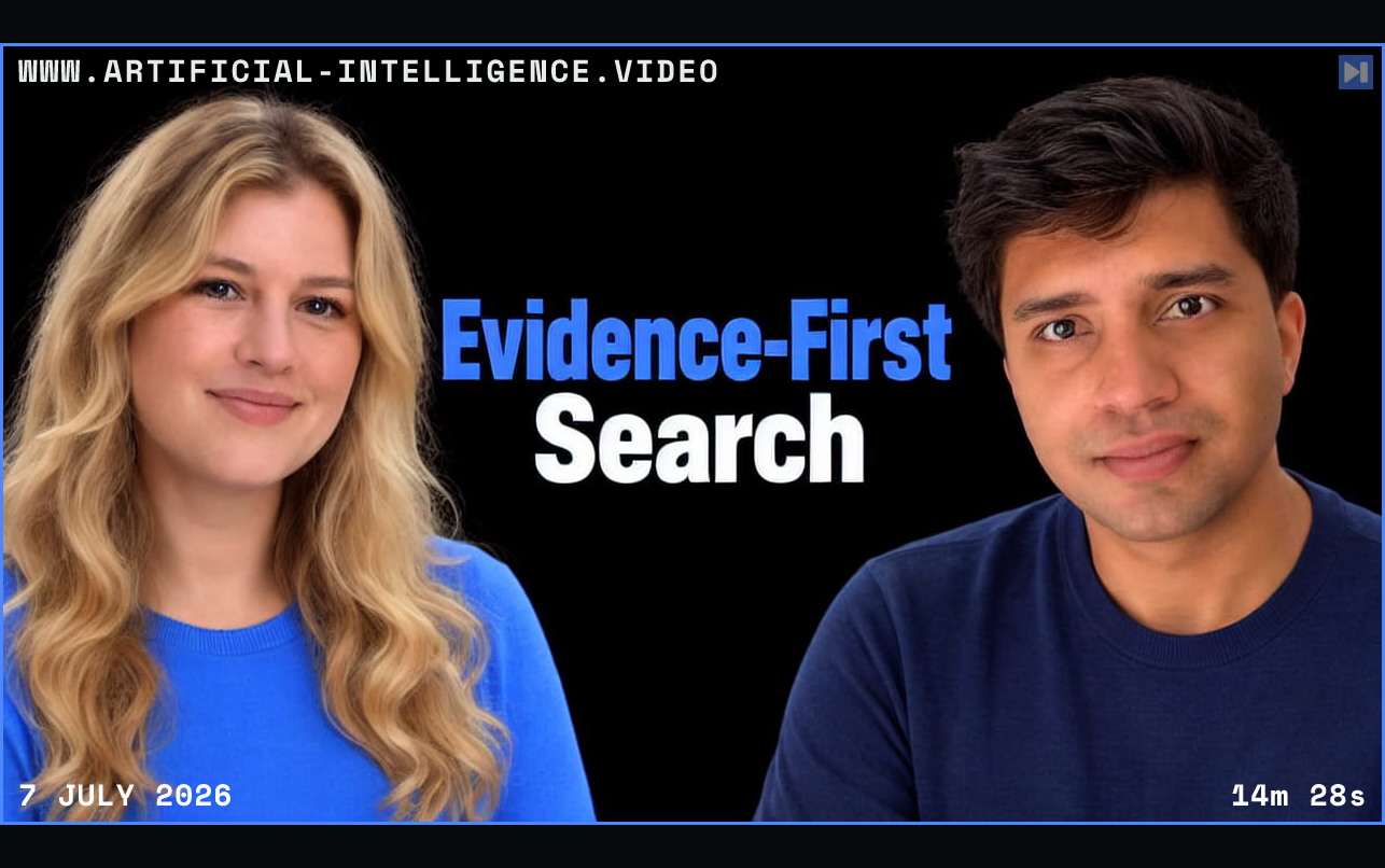 Hanna Lichtenberg in light blue on the left and Aamir Shakir in dark blue on the right, beside the blue-and-white headline “Evidence-First Search” against black. Framed in blue with WWW.ARTIFICIAL-INTELLIGENCE.VIDEO, 7 July 2026 and duration 14m 28s.