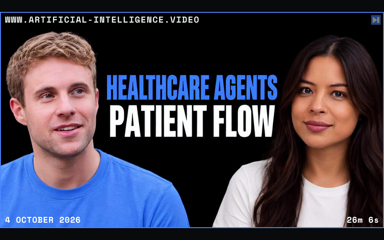 Trey Holterman in blue and Sophia Dew in off-white beside the blue and white “HEALTHCARE AGENTS PATIENT FLOW” headline on black. Framed in blue with WWW.ARTIFICIAL-INTELLIGENCE.VIDEO, 4 October 2026 and duration 26m 6s.