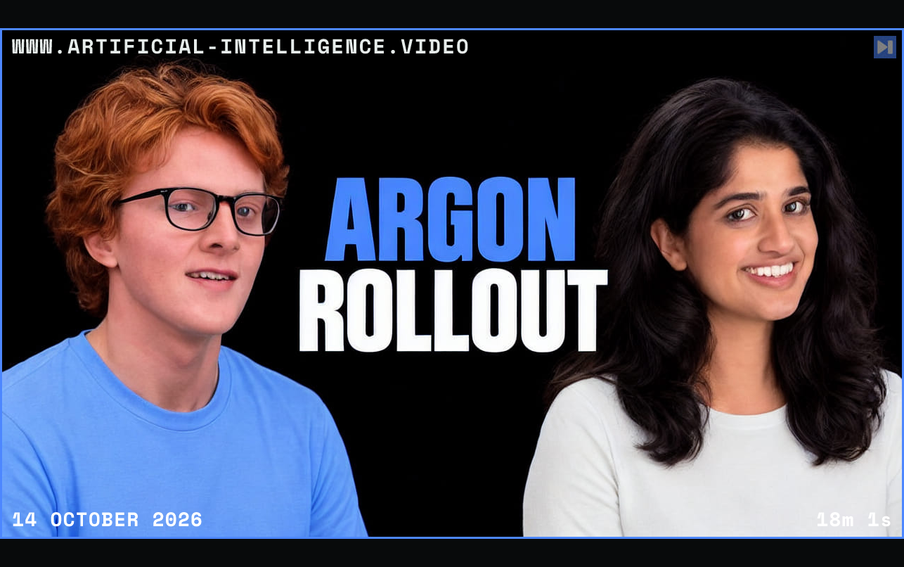 Editorial portraits of Theo Jaffee and Tulsee Doshi flank the blue-and-white headline ARGON ROLLOUT against black. Framed in blue with WWW.ARTIFICIAL-INTELLIGENCE.VIDEO, 14 October 2026 and duration 18m 1s.