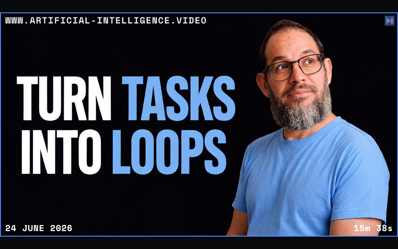 Nate B Jones beside the words Turn Tasks into Loops Framed in blue with WWW.ARTIFICIAL-INTELLIGENCE.VIDEO, 24 June 2026 and duration 15m 38s.