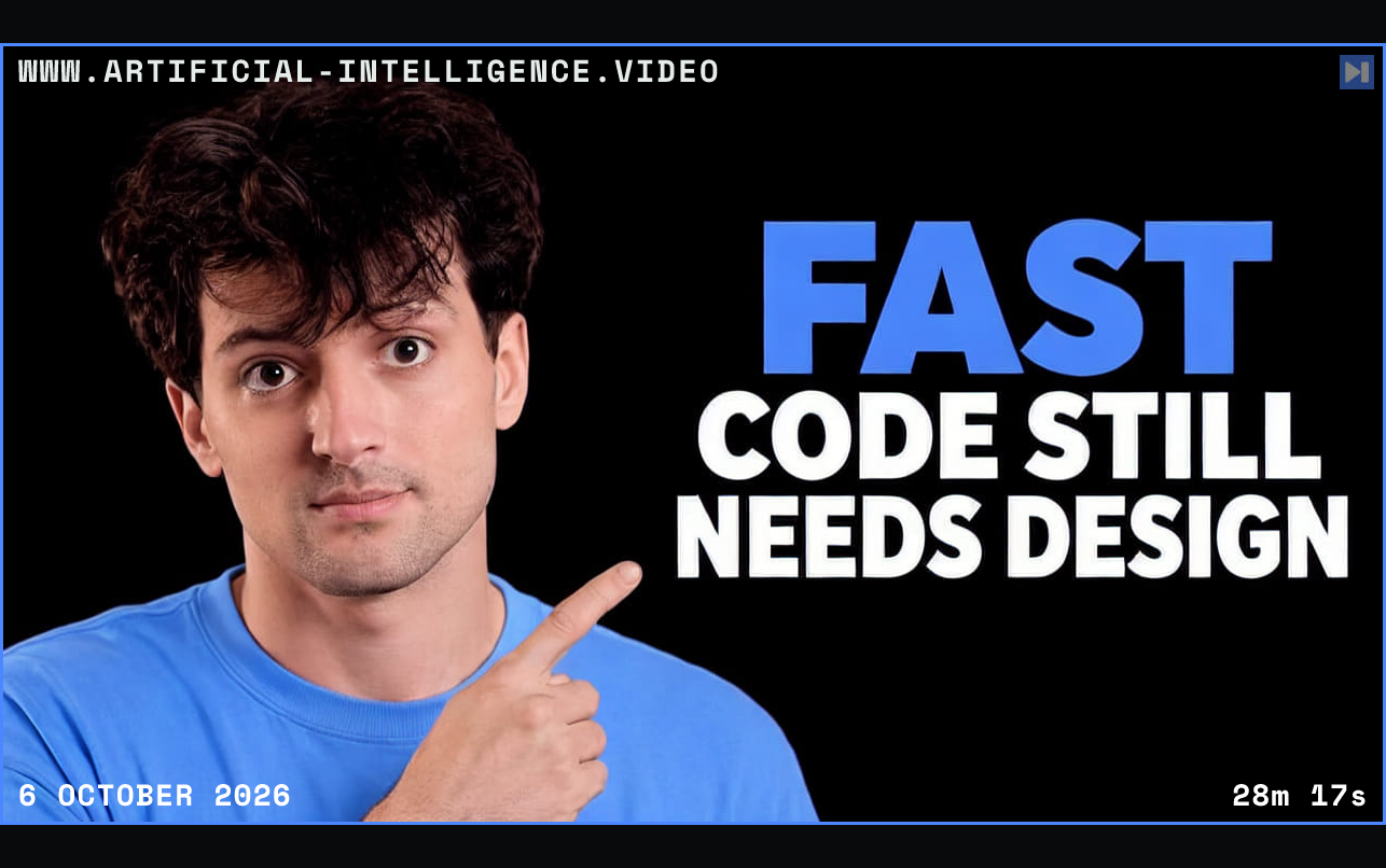 Theo Browne against a black background beside the blue-and-white headline “FAST CODE STILL NEEDS DESIGN”. Framed in blue with WWW.ARTIFICIAL-INTELLIGENCE.VIDEO, 6 October 2026 and duration 28m 17s.