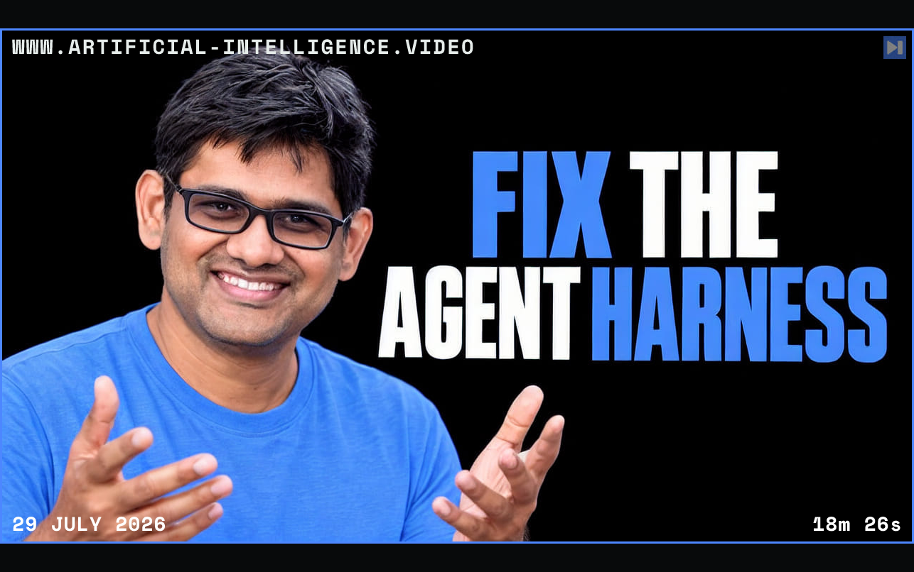 Vinoth Govindarajan against black beside the blue and white headline “FIX THE AGENT HARNESS”. Framed in blue with WWW.ARTIFICIAL-INTELLIGENCE.VIDEO, 29 July 2026 and duration 18m 26s.