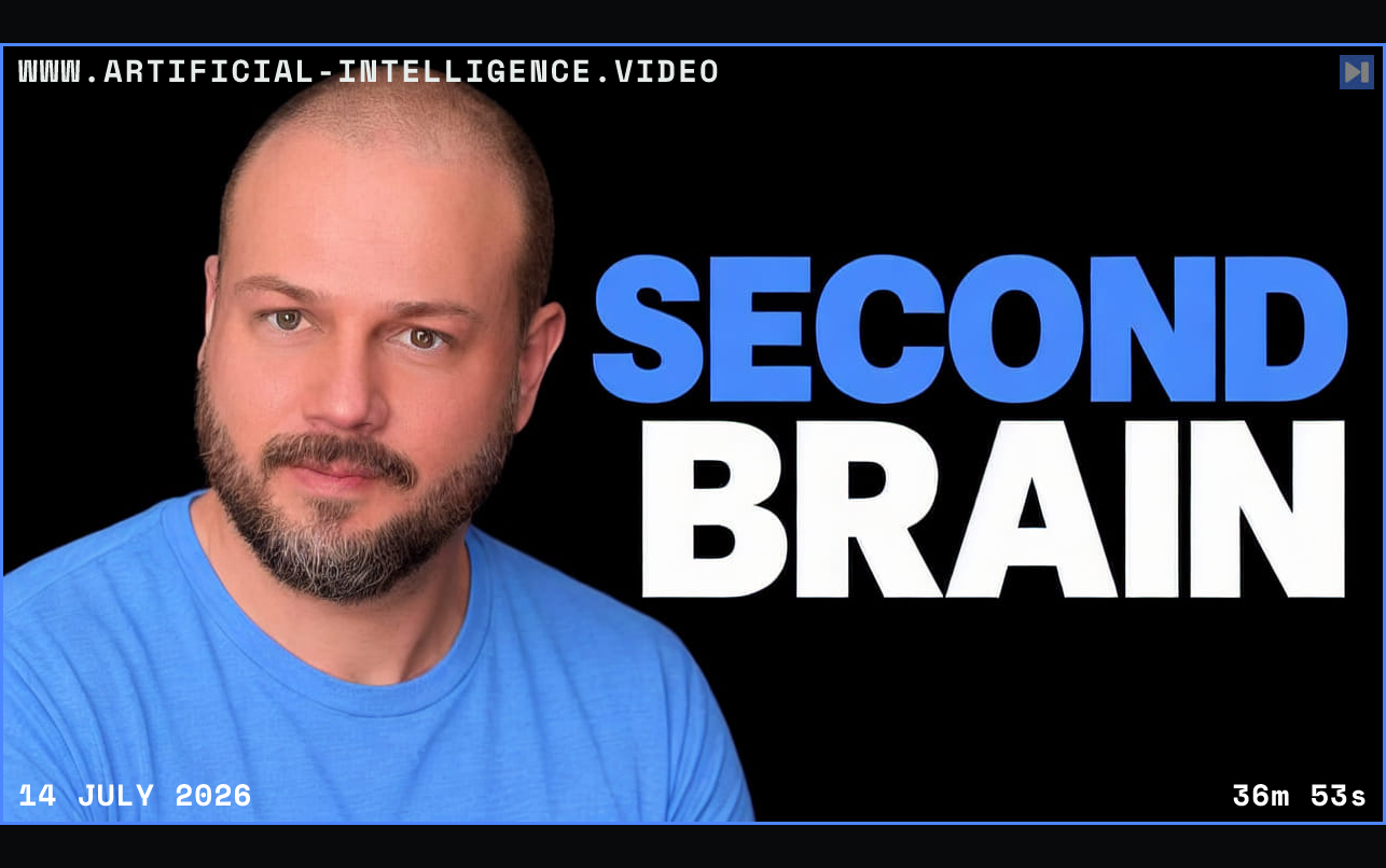 Wes Roth in a blue shirt against a black background beside the blue-and-white headline "SECOND BRAIN". Framed in blue with WWW.ARTIFICIAL-INTELLIGENCE.VIDEO, 14 July 2026 and duration 36m 53s.