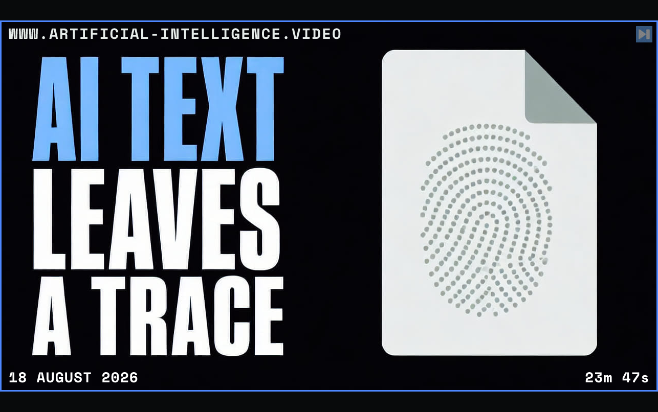 A flat document fingerprint beside the words AI Text Leaves a Trace Framed in blue with WWW.ARTIFICIAL-INTELLIGENCE.VIDEO, 18 August 2026 and duration 23m 47s.