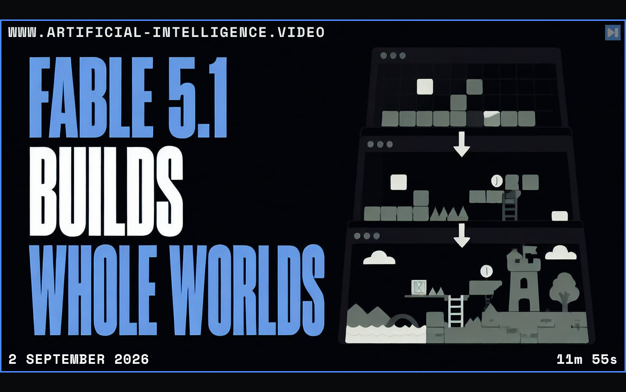 A flat illustrated game world beside the words Fable 5.1 Builds Whole Worlds Framed in blue with WWW.ARTIFICIAL-INTELLIGENCE.VIDEO, 2 September 2026 and duration 11m 55s.