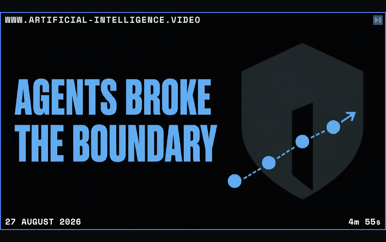 The words Agents Broke the Boundary beside a flat security shield illustration Framed in blue with WWW.ARTIFICIAL-INTELLIGENCE.VIDEO, 27 August 2026 and duration 4m 55s.