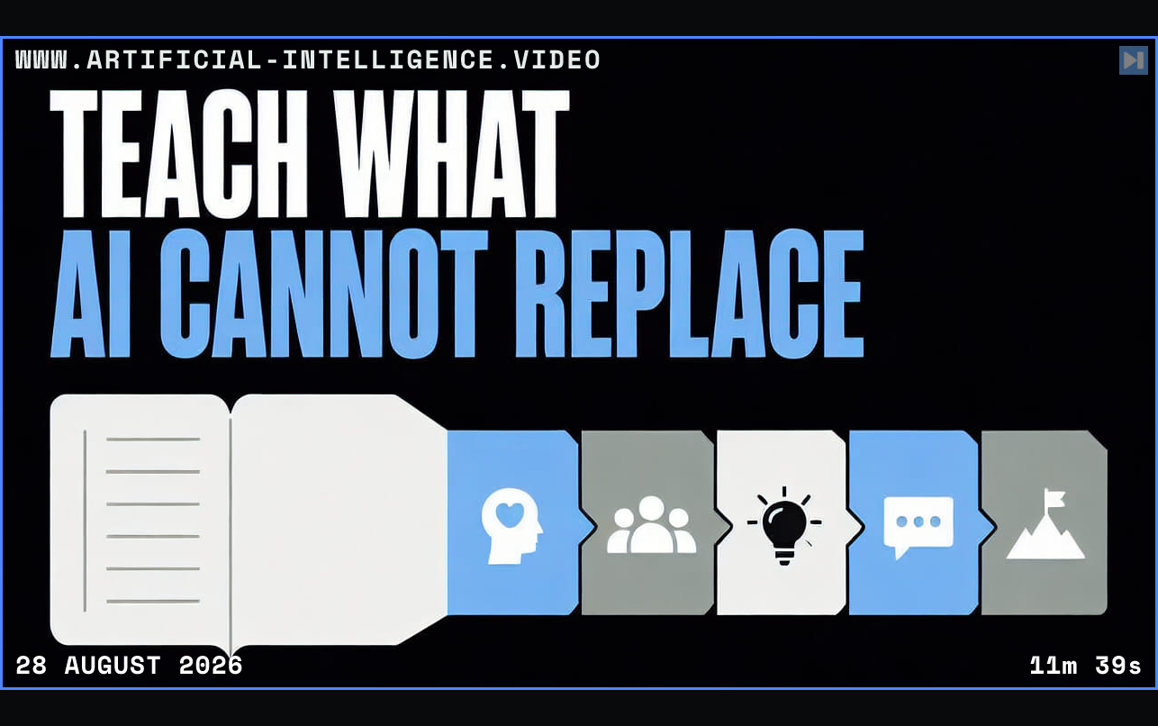 An open notebook flowing into five learning blocks beside the words Teach What AI Cannot Replace Framed in blue with WWW.ARTIFICIAL-INTELLIGENCE.VIDEO, 28 August 2026 and duration 11m 39s.