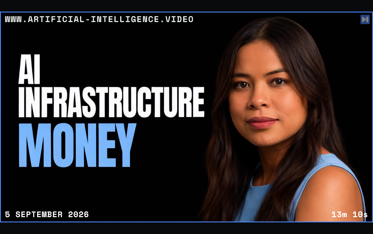 Sophia Dew beside the words AI Infrastructure Money Framed in blue with WWW.ARTIFICIAL-INTELLIGENCE.VIDEO, 5 September 2026 and duration 13m 10s.
