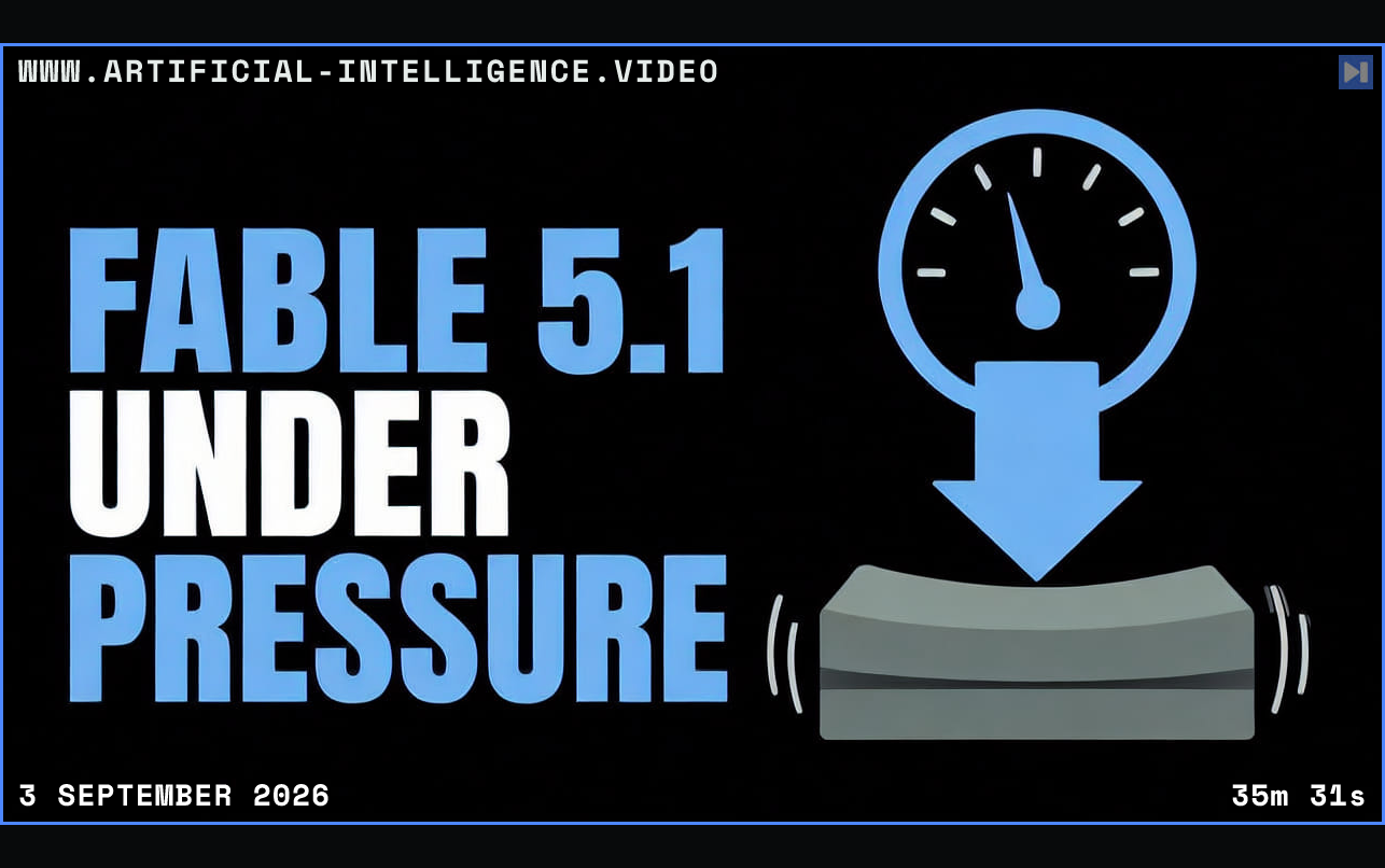 Headline Fable 5.1 Under Pressure beside a flat pressure-gauge illustration Framed in blue with WWW.ARTIFICIAL-INTELLIGENCE.VIDEO, 3 September 2026 and duration 35m 31s.