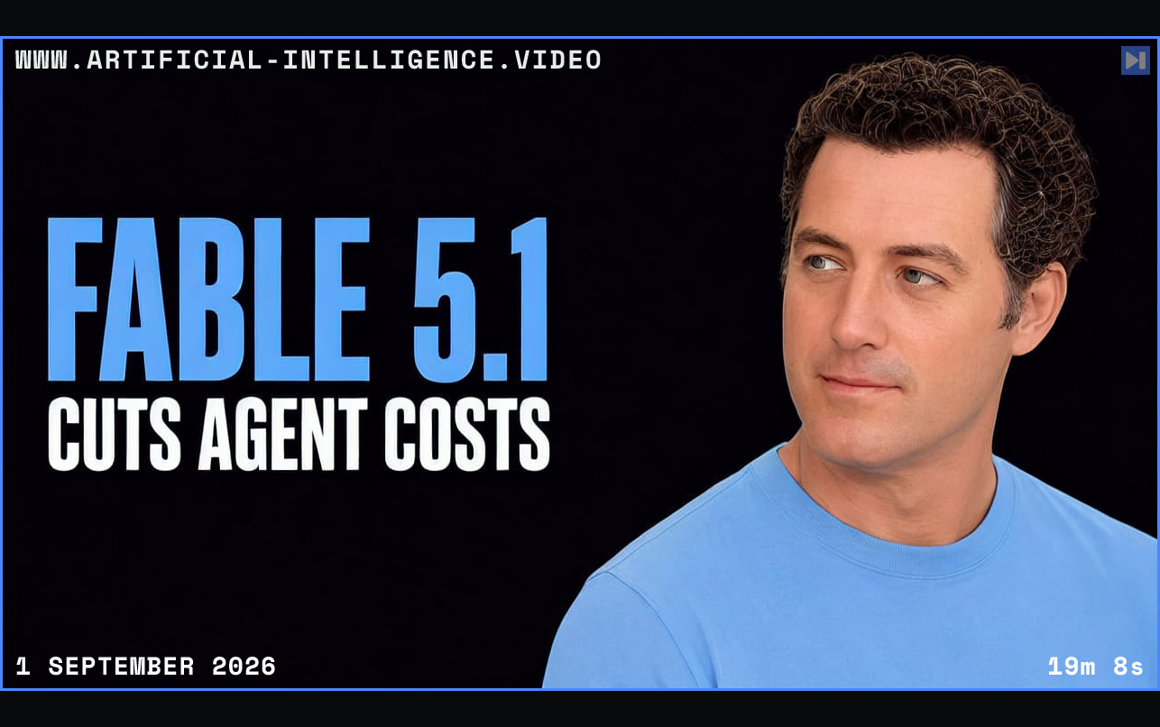 Matthew Berman beside the headline Fable 5.1 Cuts Agent Costs Framed in blue with WWW.ARTIFICIAL-INTELLIGENCE.VIDEO, 1 September 2026 and duration 19m 8s.