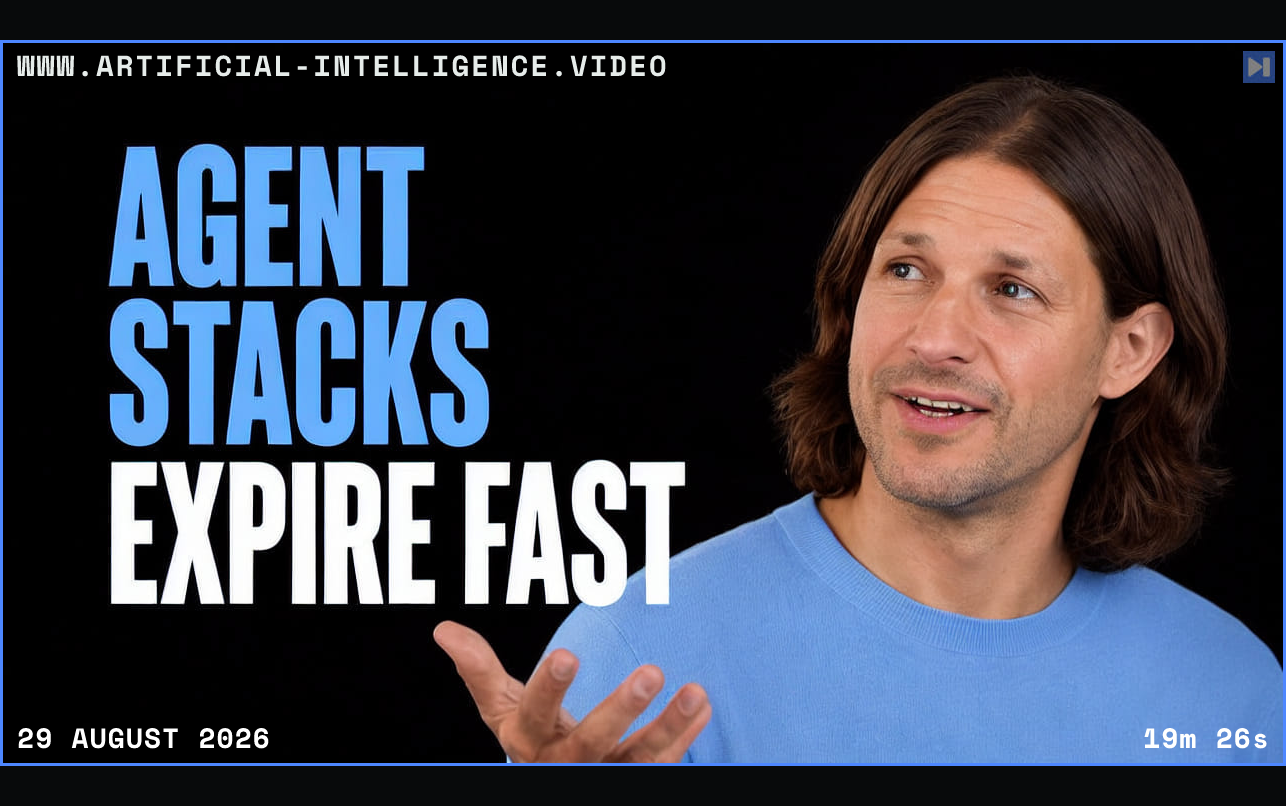 Ben Kus explaining beside the words Agent Stacks Expire Fast Framed in blue with WWW.ARTIFICIAL-INTELLIGENCE.VIDEO, 29 August 2026 and duration 19m 26s.