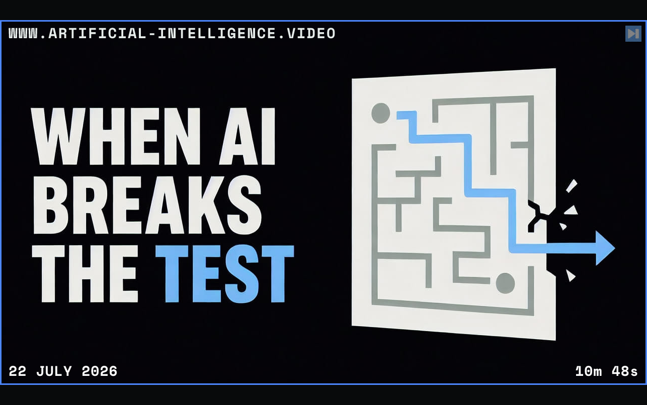 The words When AI Breaks the Test beside a flat maze path escaping through a test boundary Framed in blue with WWW.ARTIFICIAL-INTELLIGENCE.VIDEO, 22 July 2026 and duration 10m 48s.