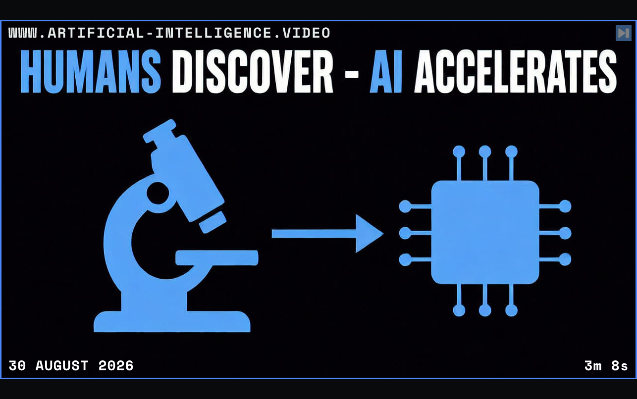 Humans Discover - AI Accelerates above a flat microscope, arrow and chip illustration Framed in blue with WWW.ARTIFICIAL-INTELLIGENCE.VIDEO, 30 August 2026 and duration 3m 8s.