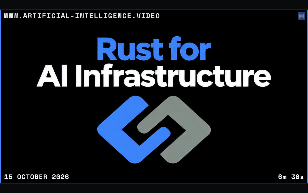 A simple flat interlocking code-bracket illustration with the blue and white headline Rust for AI Infrastructure on black. Framed in blue with WWW.ARTIFICIAL-INTELLIGENCE.VIDEO, 15 October 2026 and duration 6m 30s.