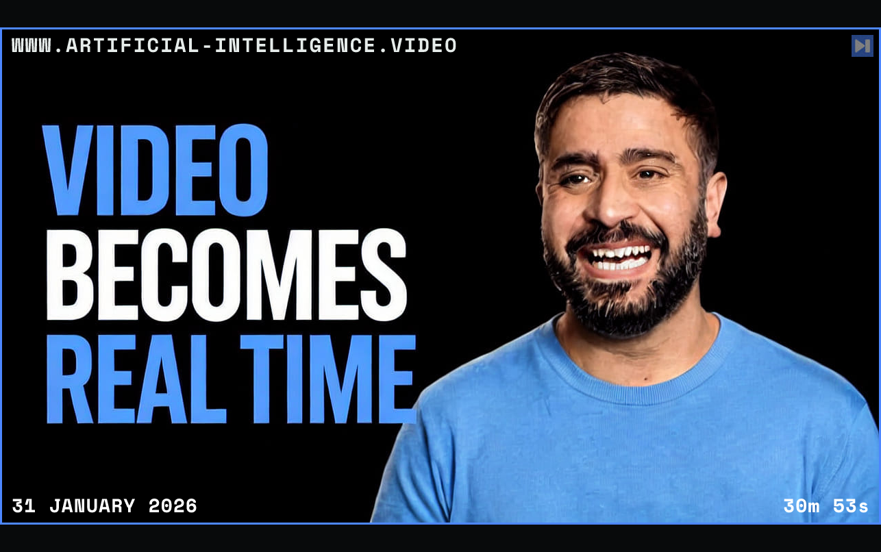 Bilawal Sidhu smiling in a blue shirt beside VIDEO and REAL TIME in blue and BECOMES in white on a black background. Framed in blue with WWW.ARTIFICIAL-INTELLIGENCE.VIDEO, 31 January 2026 and duration 30m 53s.